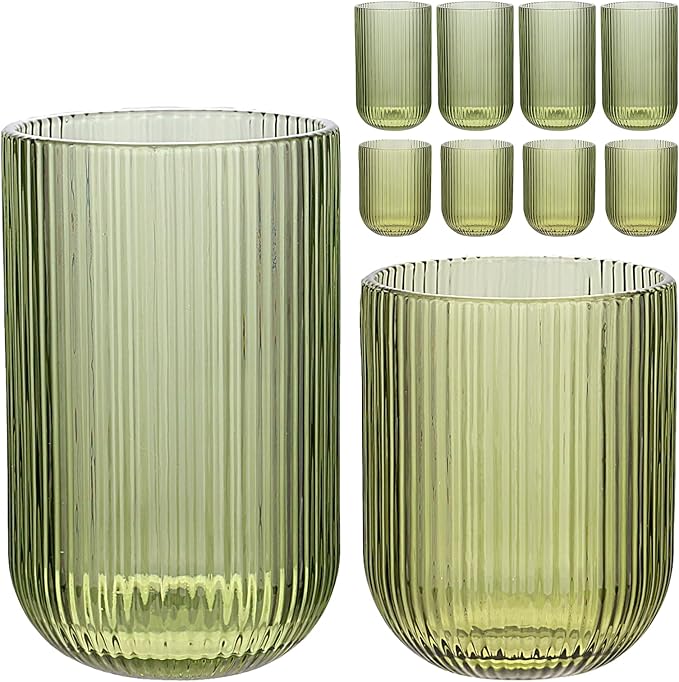 Set of 8 Ribbed Glassware, 4 Highball Glasses 14oz & 4 Rocks Drinking Glasses by WeirdUncle