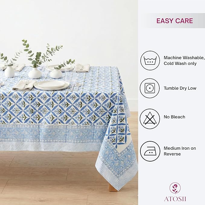 ATOSII Netta Blue 100% Cotton Square Summer Tablecloth, Handblock Floral Print Linen Table Cloth for Kitchen Dining I Parties, Weddings, Outdoors, 60 X 60 Inches I 4 Seater