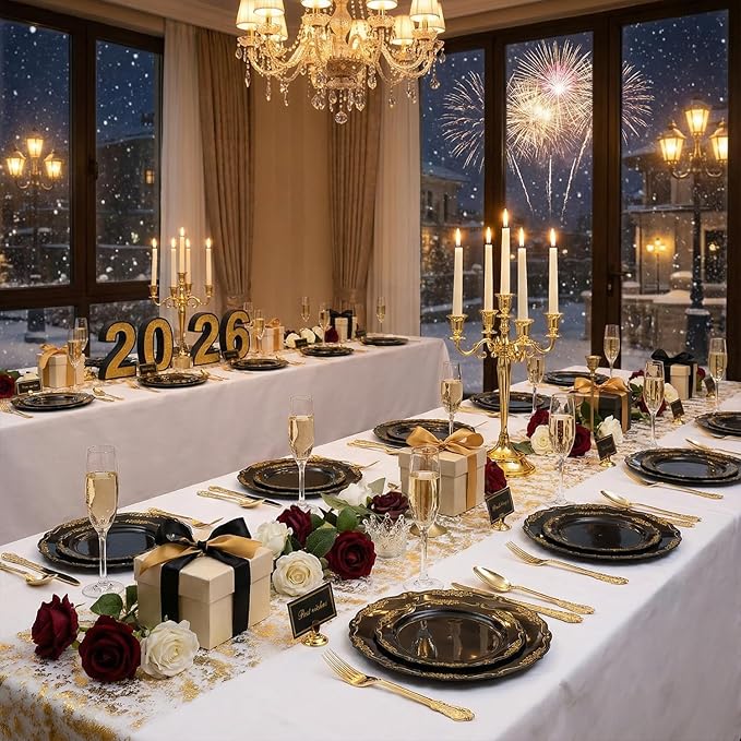 DaYammi 150Pcs Black Gold Plastic Plates & Plastic Silverware,Black Disposable Plates for Party Include 30 Dinner Plate,30 Dessert Plate,30 Knives,30 Forks,30 Spoons,black plates for Party Wedding