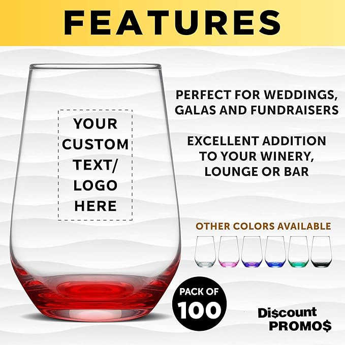 DISCOUNT PROMOS 100 Vaso Silicia Stemless Wine Glasses Set, 16 oz. - Personalized Text, Logo - Clear, Orb-Like, Thick base - Red