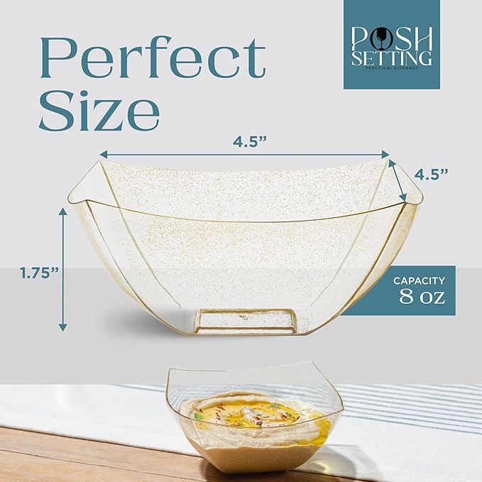 Posh Setting Gold Glitter Plastic Serving Bowls (8oz - 4 Pack) Square Disposable Containers for Party Table, Chips, Candy Buffet, and Salad