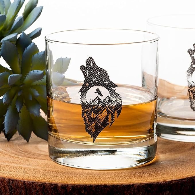 Black Lantern Wolf and Forest Whiskey Glass Set Set of 2 11oz Heavy Base Glasses | Nature-Themed Gift for Outdoor & Wildlife Lovers