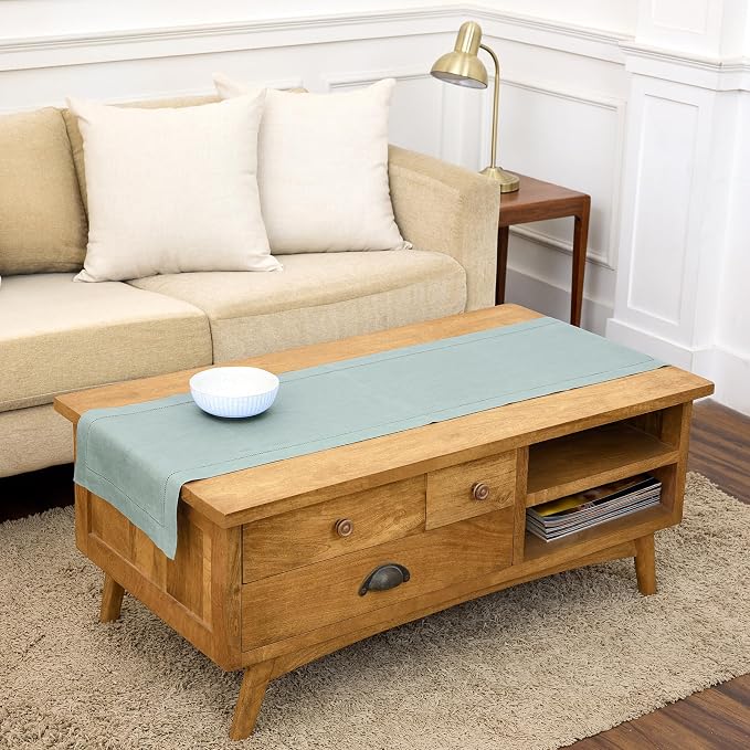 Solino Home 100% Pure Linen Table Runner Aqua Blue Hemstitch, 14 x 48 in | by SolinoHome