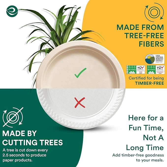 ECO SOUL 6 Inch Compostable Disposable Paper Plates [200 Pack] Food Safe 100% Virgin Bagasse Pulp Heavy Duty Biodegradable Microwave Safe Small Round Dessert Plate for Party, Picnic & BBQ (Brown)