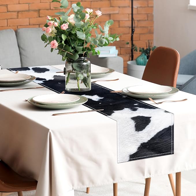 Linen Cow Print Table Runner 13x71 Inch Farmhouse Western White Black Cowhide - Image 4