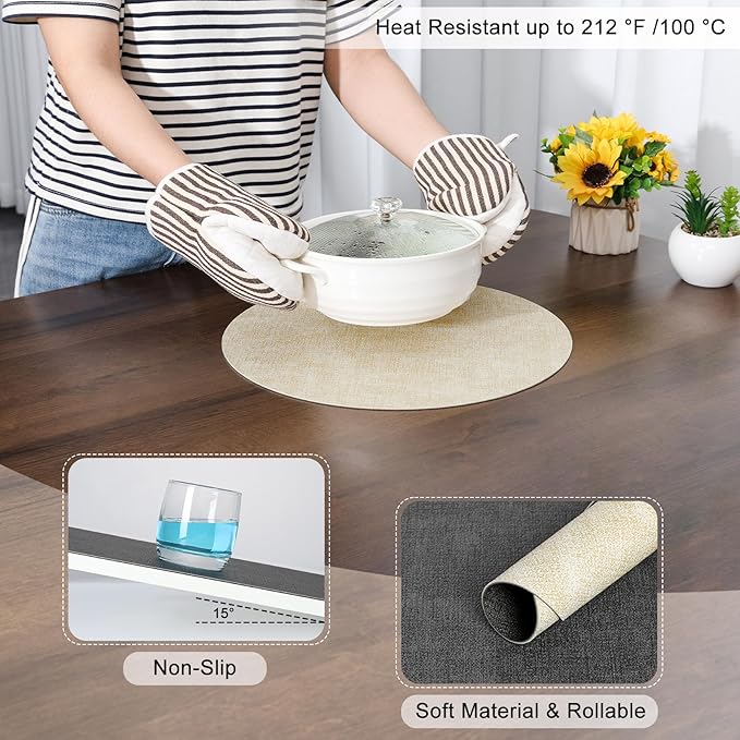 Myir JUN Round Placemats, Dual Sided Faux Leather Place Mats Set of 6 Indoor/Outdoor Non-Slip Washable Table Mats (Gray Cream-White, Set of 6)