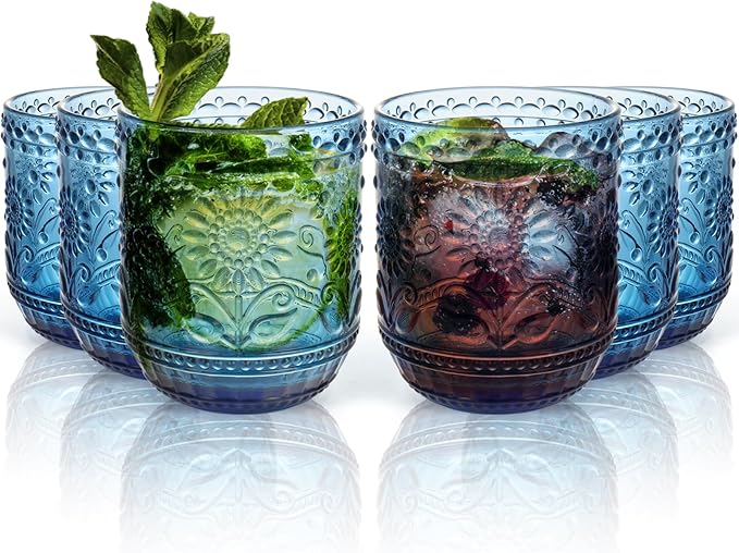 Topsky Vintage Drinking Glass Set of 6,12 oz Embossed Floral Decorative Glassware Set,Glass Cups Wine Glasses Beverages Tumblers Colored Glassware for Whisky,Beer,Juice,Cocktail,Heavy Duty
