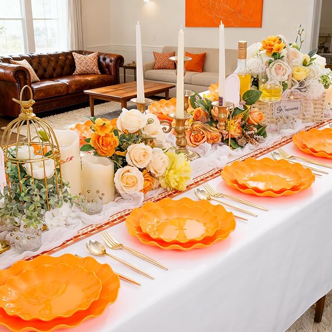 LIYH 50 Pcs Orange Scalloped Plastic Plates Heavy Duty Plates Reusable Unbreakable Plastic Plate for Party,Dishwasher Safe BPA Free (25Guests)