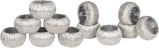 Lightnpro Beaded Napkin Ring Set of 12 - Elegant Decorative Napkin Holder for Dining Table Decor, Weddings, Banquets, Birthday Parties, Thanksgiving, Special Occasion, Holiday & Everyday Use - Silver