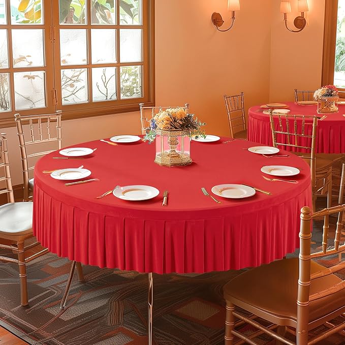 2 Pack Red Spandex Round Tablecloths for 72in Table, Stretchy Fitted 6FT Round Table Cloths, Wrinkle Free Table Cover with Skirt for Wedding Birthday Party Bridal Shower Banquet