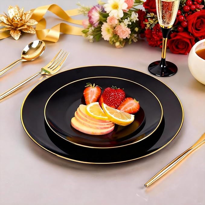 I00000 150Pcs Black Plastic Plates, Black Disposable Plates, Heavy Duty black plates for 30 Guests,Plastic Dinnerware Set Include 30 Dinner Plate,30 Dessert Plate,90 Gold Cutlery Set for Party
