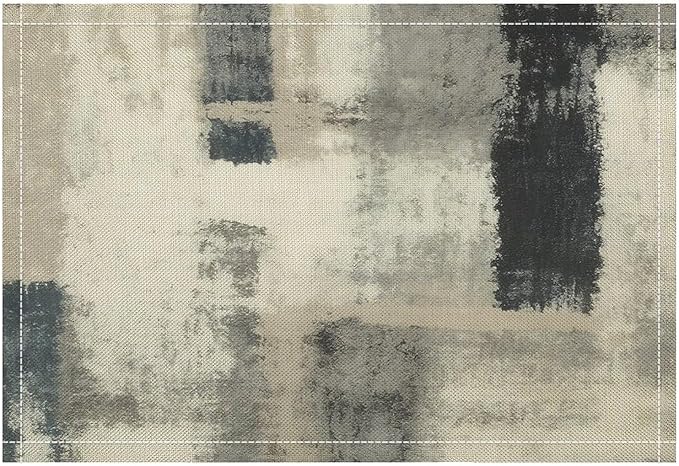 Gradient Placemat Set, Modern Minimal Fashion Abstract Beige Grey Blue Art Oil Painting Brush Strokes Patchwork Pattern Home Decor Linen Table Mats for Dining Room Kitchen Party (17x12in) x6P