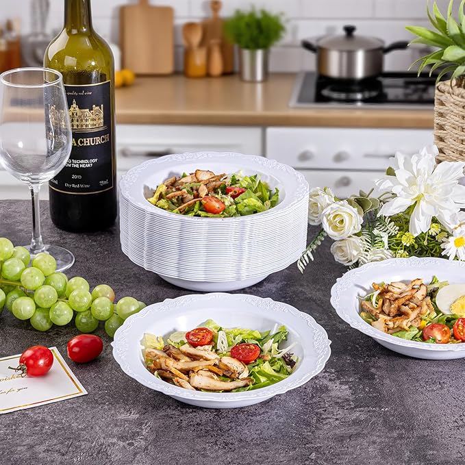 DaYammi 50 Pack White Plastic Bowls, 12oz Disposable Soup Bowls, White bowls Disposable Heavy Duty Dinner Bowls for Weddings, Salad Bowl for Parties, Dinners, Catering and Everyday Use