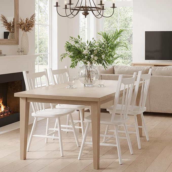 HNY White Windsor Dining Chairs Set of 4, Farmhouse Wooden Kitchen Chairs with Spindle Back, Mid Century Modern Armless Kitchen Side Chair for Dining Living Room Restaurant