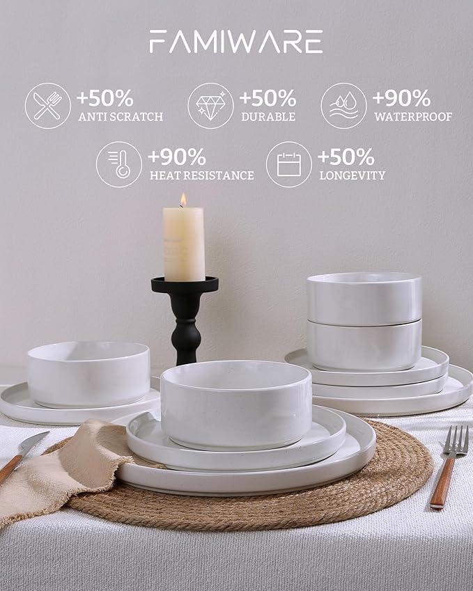 Famiware Nebula Dinnerware Sets with Mugs, Service for 6 (24 Pieces), Fine Stoneware Plates and Bowls Sets, Microwave and Dishwasher Safe Dishes Set, White