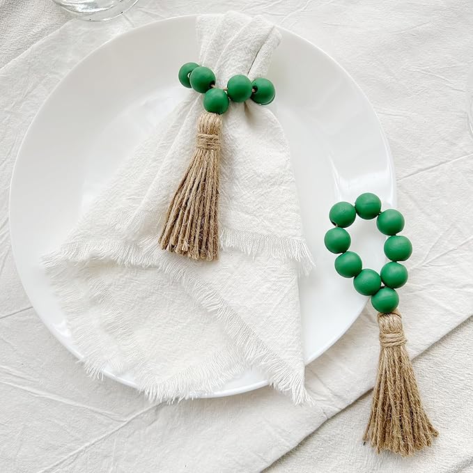 Napkin Rings Set of 12,Wooden Napkin Ring,Wood Bead Elastic Farmhouse Napkin Holder with Tassel,Boho Napkin Rings for Table Decor,Weeding,Dinner,Party (Green)