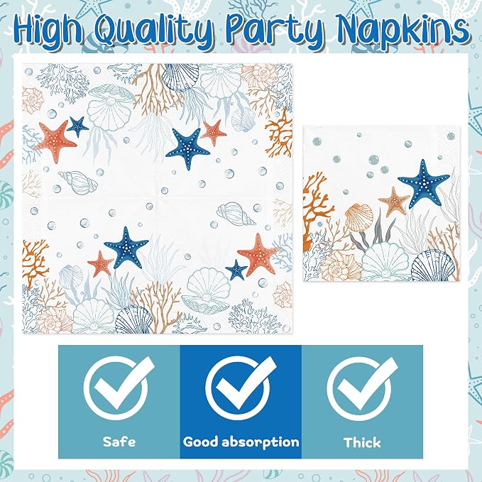 96Pcs Ocean Seashell Starfish Coral Beach Party Plates Supplies | Blue Coastal - Image 4
