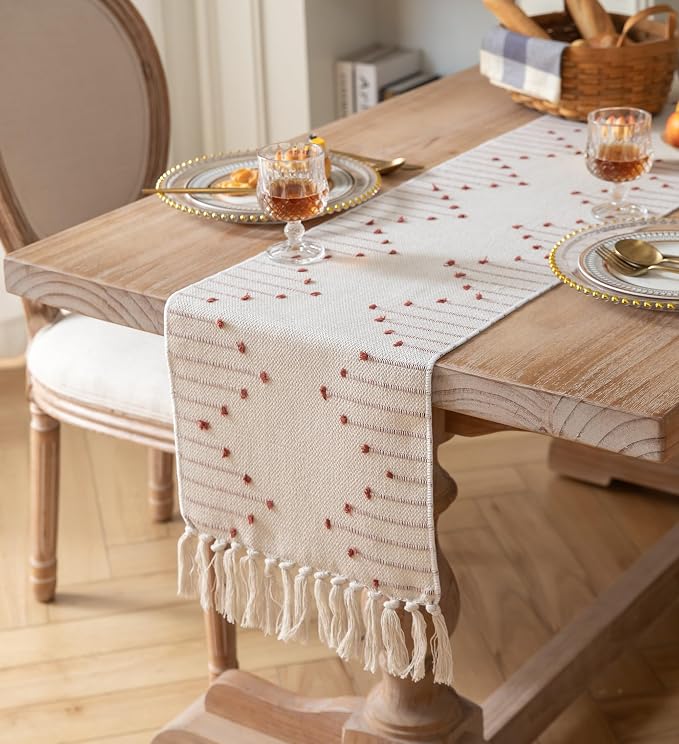 Caflife Boho Table Runner 13 x 48 Inch Long Natural Cotton Woven Runner - Image 2