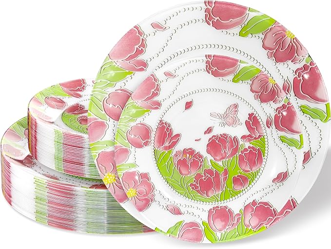 Hioasis 60pcs Plastic Disposable Plates Set - Pink Tulip & Butterfly Pattern with Pearl Trim, 10.25 Dinner & 7.5 Dessert Plates for Wedding,Anniversary,Party and Holiday