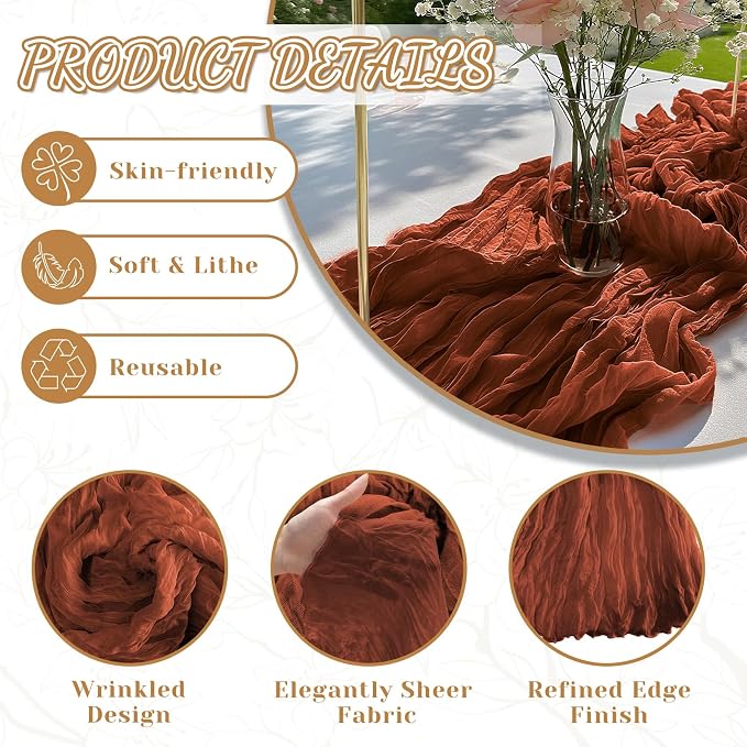 2 Pack Cheesecloth Table Runner, 120 Inch Terracotta Table Runner - Image 4