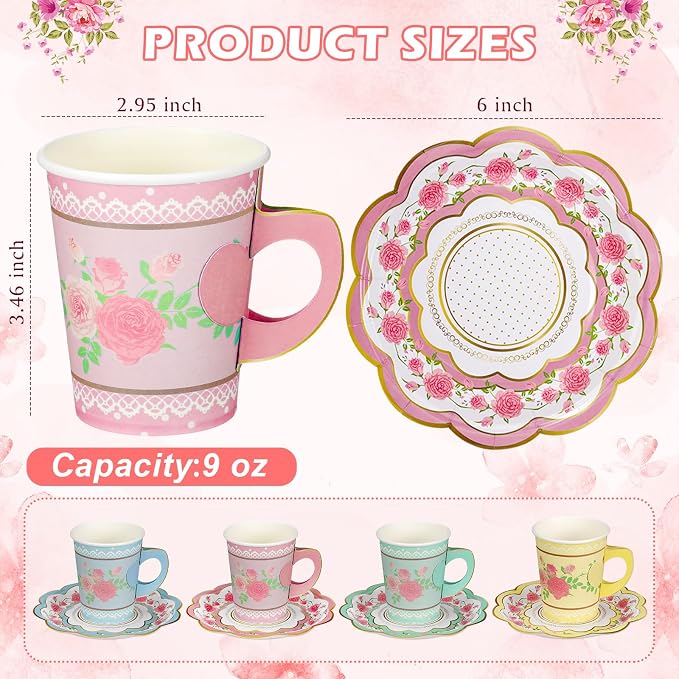 FillTouch 200 Sets Floral Paper Tea Cups and Saucers Disposable Paper Tea Party - Image 3