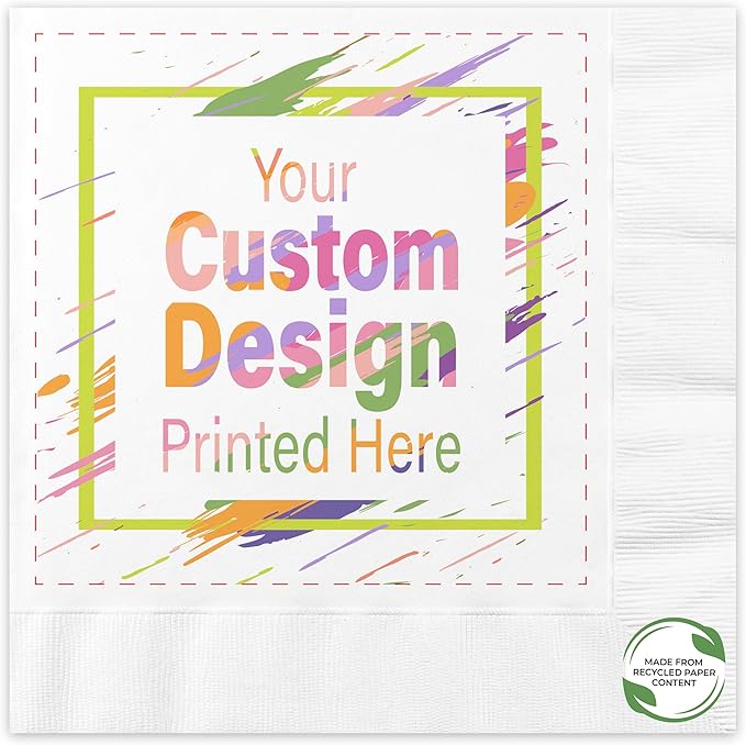 B.E. Green Custom Dinner Napkins - Personalized Recycled Paper Content Napkins - Eco-friendly & Full-Color Digital Printed - Weddings, Events & Celebrations - Pack of 50 - Coin Edge Embossed, 8"x 8"