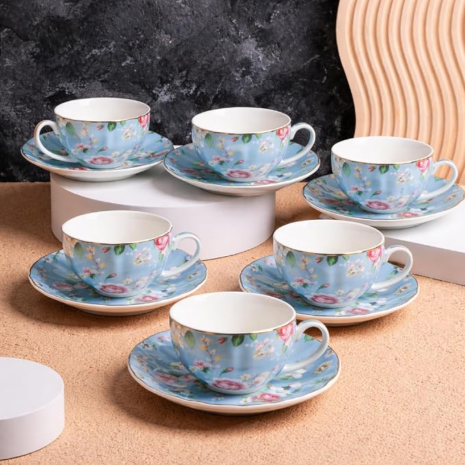 BTaT- Floral Tea Cups and Saucers, 7 oz, Fine Porcelain Teacup Set - Image 5