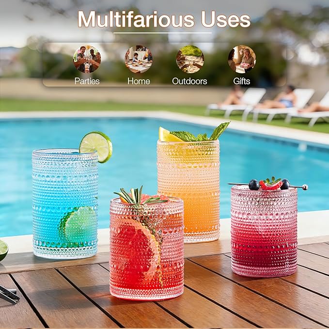 Drinking Water Glass Cups Set, Crystal Hobnail Glass set of 8, 15oz&12oz | - Image 4