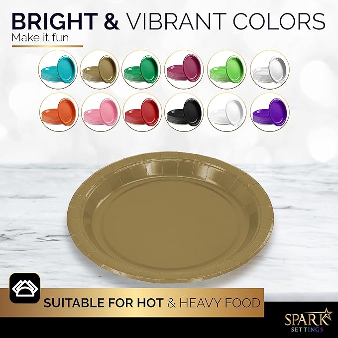 Disposable Paper Plates Gold, 7 Inch Paper Dessert Plates, Strong and Sturdy Disposable Plate for Party, Dinner, Holiday, Picnic, or Travel Party Plate, Pack of 50