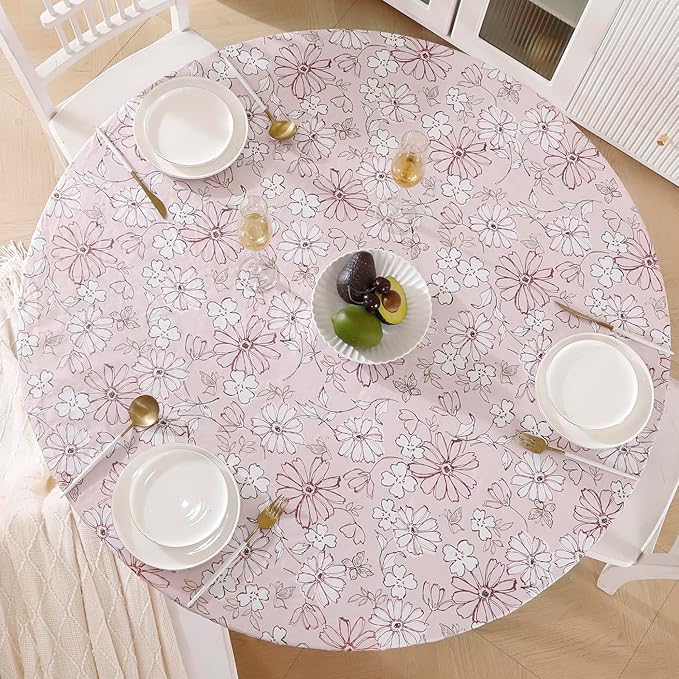 Walrus Round Vinyl Fitted Tablecloth with Flannel Backing Elastic Edge Design Table Cover Waterproof Oil-Proof PVC Table Cloth Stain-Resistant Best for 57"-66" Round