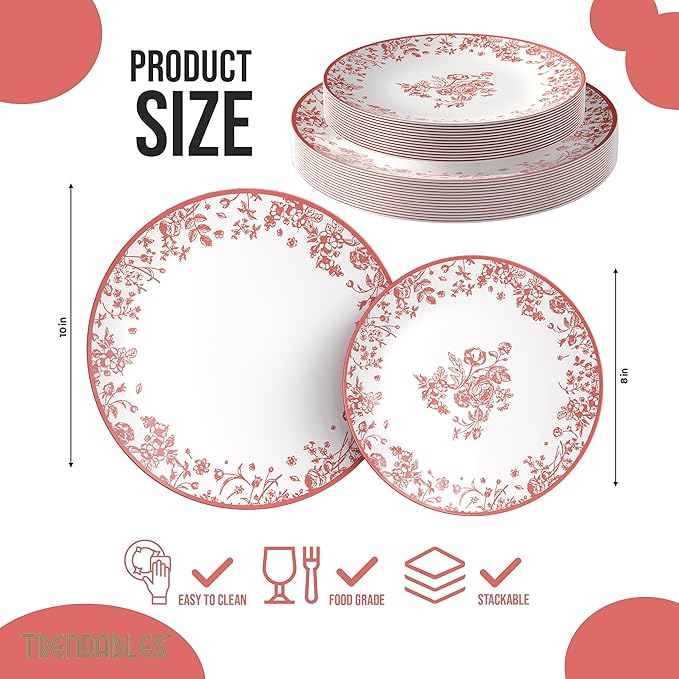 Trendables Disposable Plates For Party Supplies | Pink Floral Plastic Plates For Wedding 40 Pcs - 20 X 8 & 20 X 10 Dinner Plate Sets | Floral Plate Set Disposable Plastic Dinnerware Sets