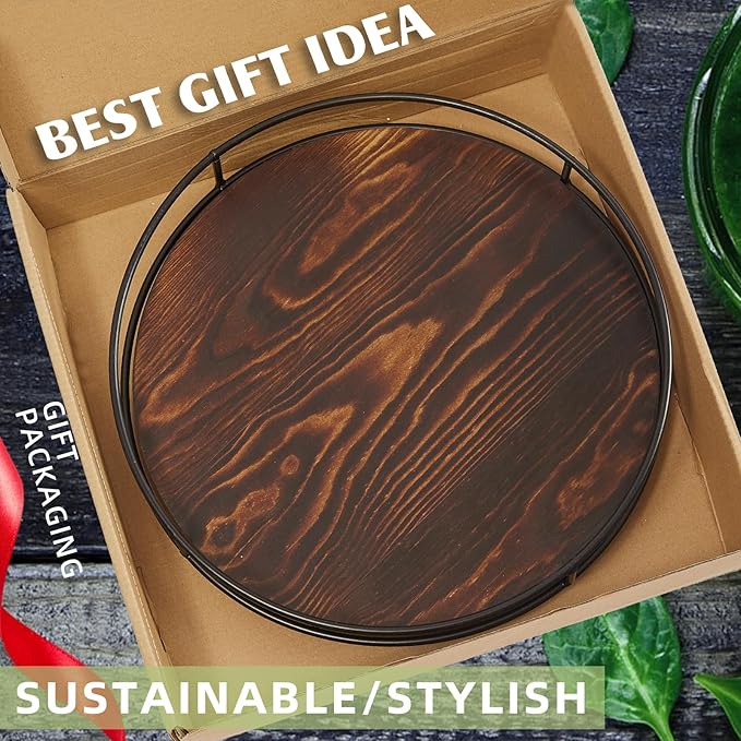 12 Inch Wood Lazy Susan Turntable for Table, Kitchen Rustic Brown Turntable Organizer with Steel Frame, 360 Degree Decorative Turntable for Countertop Cabinet or Centerpieces