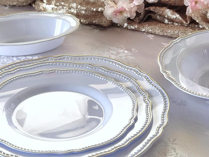 " OCCASIONS " 50 Plates Pack (25 Guests)-Heavyweight Wedding Party Disposable Plastic Plate Set -25 x 10.25'' Dinner + 25 x 7.5'' Salad/dessert plates (Rochelle Blue and Gold)