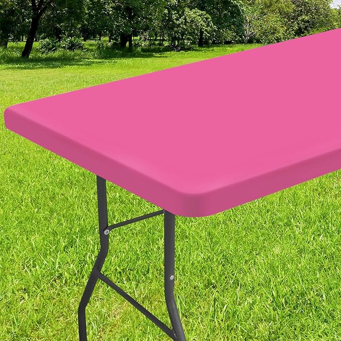Smiry Rectangle Tablecloth, Elastic Fitted Flannel Backed Vinyl Tablecloths for 8ft Folding Tables, Waterproof Wipeable Table Covers for Indoor, Outdoor, Camping and Picnic (Rose Pink, 30"x96")