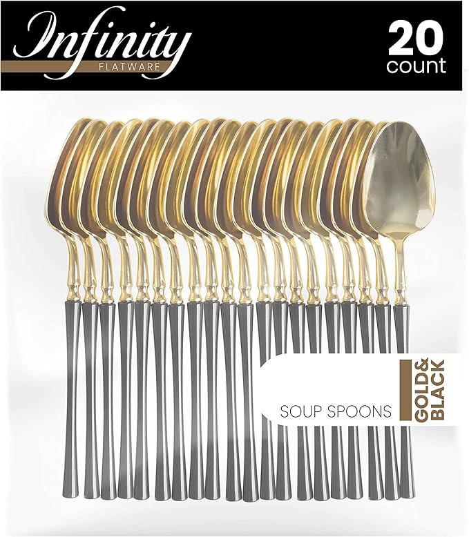 PlasticPro 20 Count Gold and Black Plastic Soup Spoons Premium Quality Heavy Duty Disposable Elegant Silverware Two Tone Soup Spoons for Party