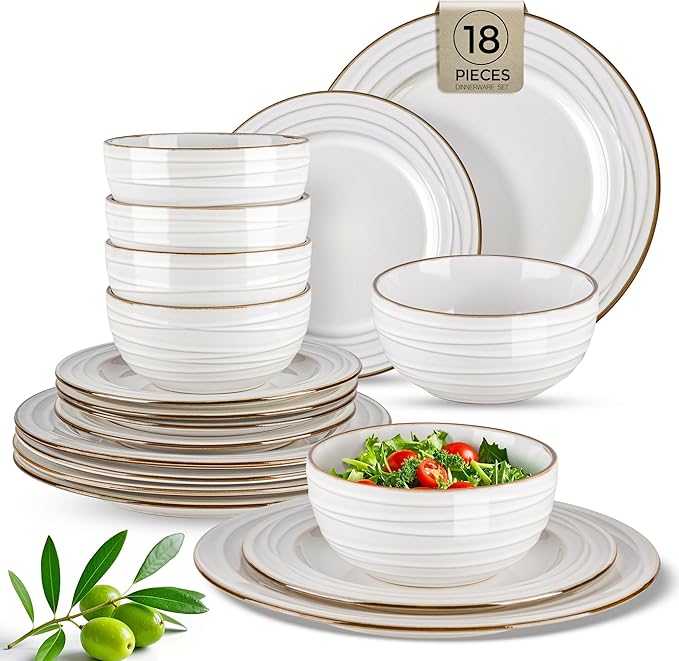 GBHOME Ceramic Dinnerware Sets,18 pcs Embossed Elegant Stoneware Plates and Bowls Sets, Housewarming Wedding Gift | Dishwasher & Microwave Safe | Dishes Set Service for 6