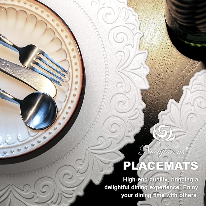Noctiflorous Round Faux Leather 15 Inch Placemats Set of 6 Waterproof Wipeable Heat Resistant Tablemat for Dining Table Kitchen Non Slip Washable Oilproof Table Place Mat(White, 6)