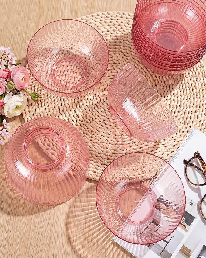 bUCLA 12 PCS Plastic Cereal Bowls Set - 28 Oz Clear Pink Disposable Vertical - Image 5