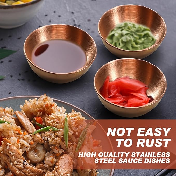 Tanlade 50 Pcs Metal Sauce Bowls 3.2 Inch Round Stainless Steel Seasoning Dishes Cups Mini Saucers Plates Small Sushi Dipping Bowls for Prep Ramekins Kitchen Party Supplies(Rose Gold)