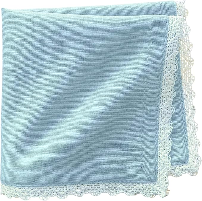 Fingercraft Dinner Cloth Napkin Cotton Linen Blend 12 Pack 12In Mitered Corners with Elegant Lace for Everyday Use Napkins Cloth are Pre Shrunk and Good Absorbency Sky Blue