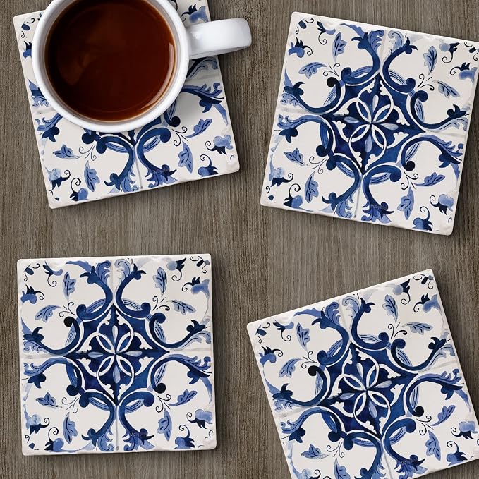 Thirstystone Blue & White Floral 4 Pack Tumbled Tile Stone Coasters | 4" Square - Image 4