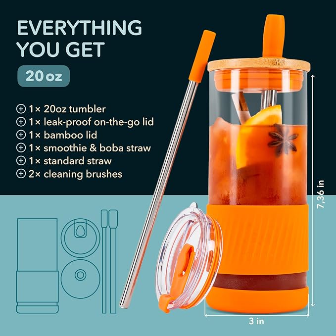 Pandaloo® Glass Cups With Lids and Straws -20 Fl Oz- Perfect Size Iced Coffee - Image 2