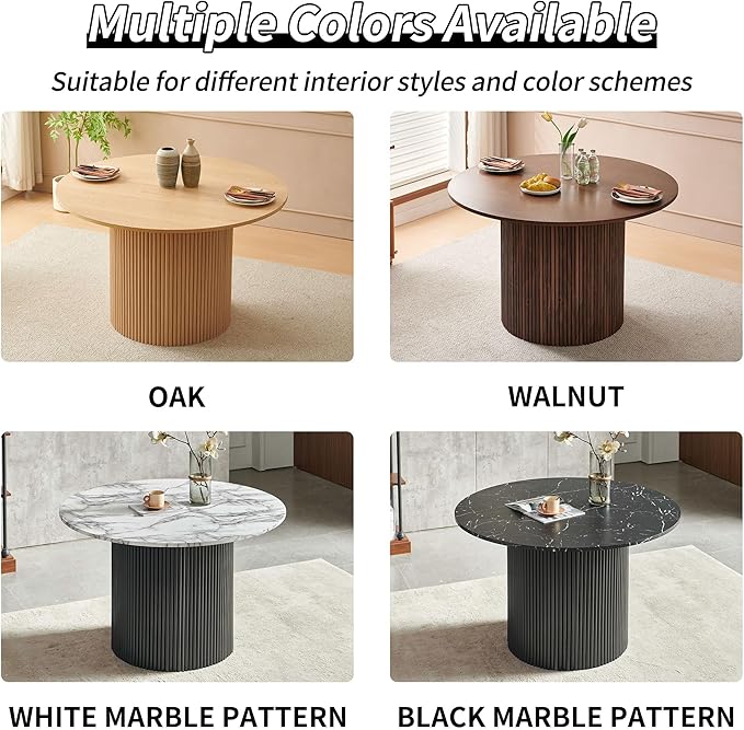 47" Round Dining Table for 4, Modern Farmhouse Wood Veneer Top with MDF Striped Base, Kitchen & Dining Room Tables - Walnut Color