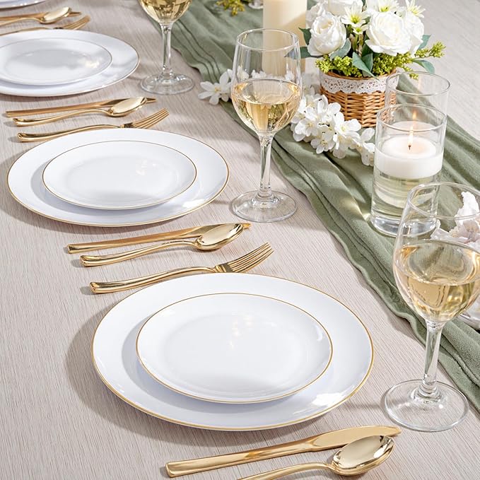 KIRE 200PCS Gold Plastic Plates - Disposable Plates for Party - White Plastic Plates with Gold Rim Include 100 for Dinner and 100 for Dessert/Salad in Wedding/Valentine's Day/New Year