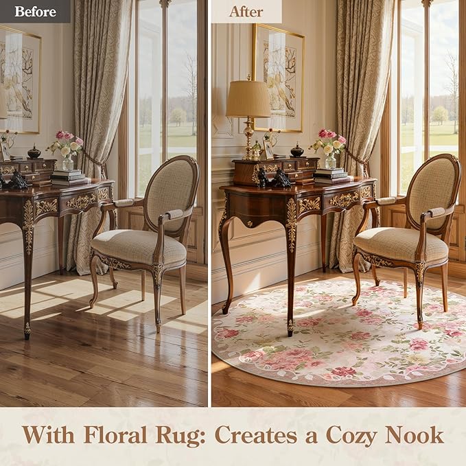 Lahome Floral Round Entryway Rug 4ft,Small Washable Circle Rug for Girls Bedroom Bathroom,Vintage Carpet for Kids Room, Office, College Dorm