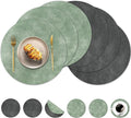 Round Placemats and Coasters Set of 6, Washable Reversible Faux Leather Placemats Cowhide Pattern Place Mats Wipeable Non-Slip 15 inch Round Kitchen Dining Table Mats (Gray Green, 6)