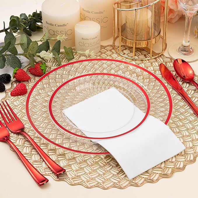 BESTSTAR 200PCS Red and Clear Plastic Plates, Disposable Plate Set with 100 Dinner Plate and 100 Dessert Plates for Party, Christmas, Valentine's Day