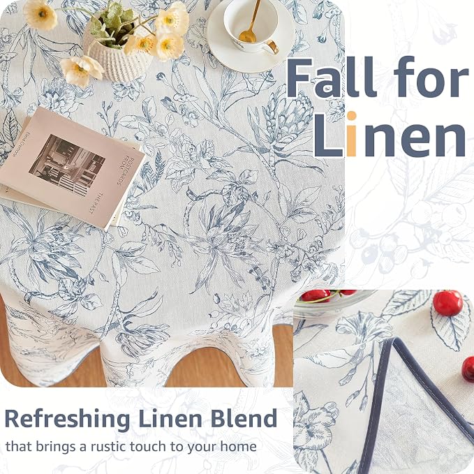 jinchan Blue Floral Linen Rectangle Table Cloth 50 x 84 Inch | Extended table - Image 4