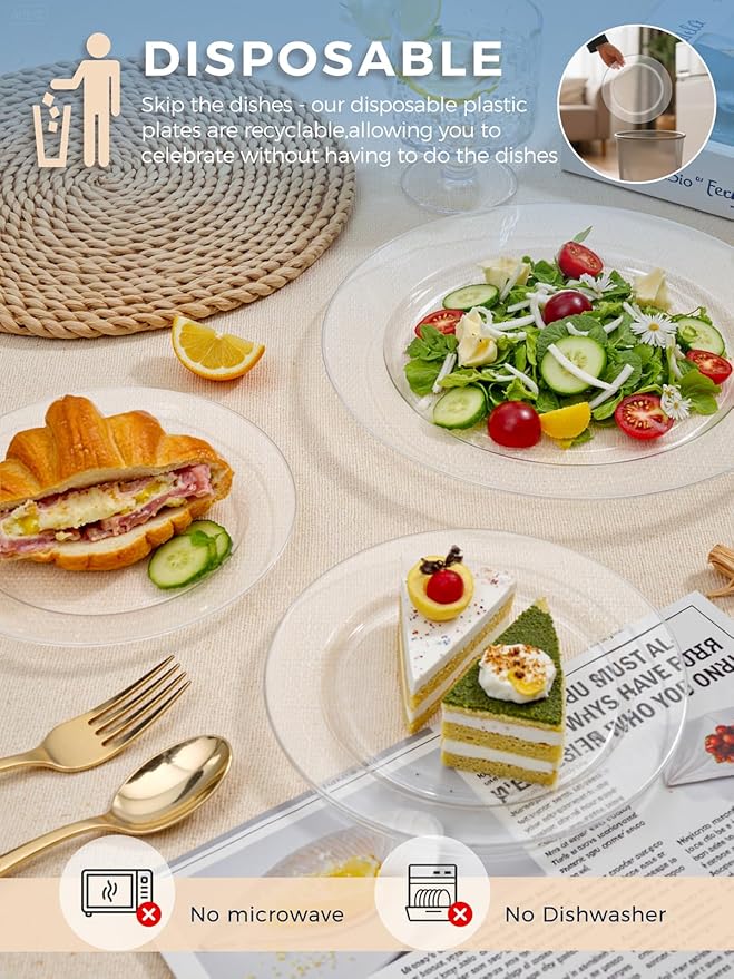 WDF 200PCS Clear Plastic Plates for Party - Heavy Duty Clear Disposable Plates - 100 x 10 Dinner Plate and 100 x 7 Dessert/Cake Plastic Plate for Weddings/Traval/Party/BBQ/Events