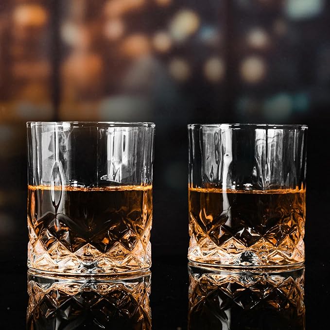 SIYOUKI Crystal Whiskey Glasses Set 11 oz, Old Fashioned Rocks Barware Lowball Glass for Bourbon, Scotch Whisky, Cocktails, Cognac, Liquor Drinking, Men Gift (4 Pack)